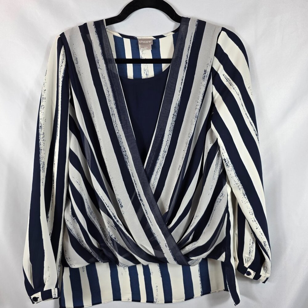 Chico's Size 00 Long Sleeve Striped Surplice Blouse Blue & White Women's Size XS